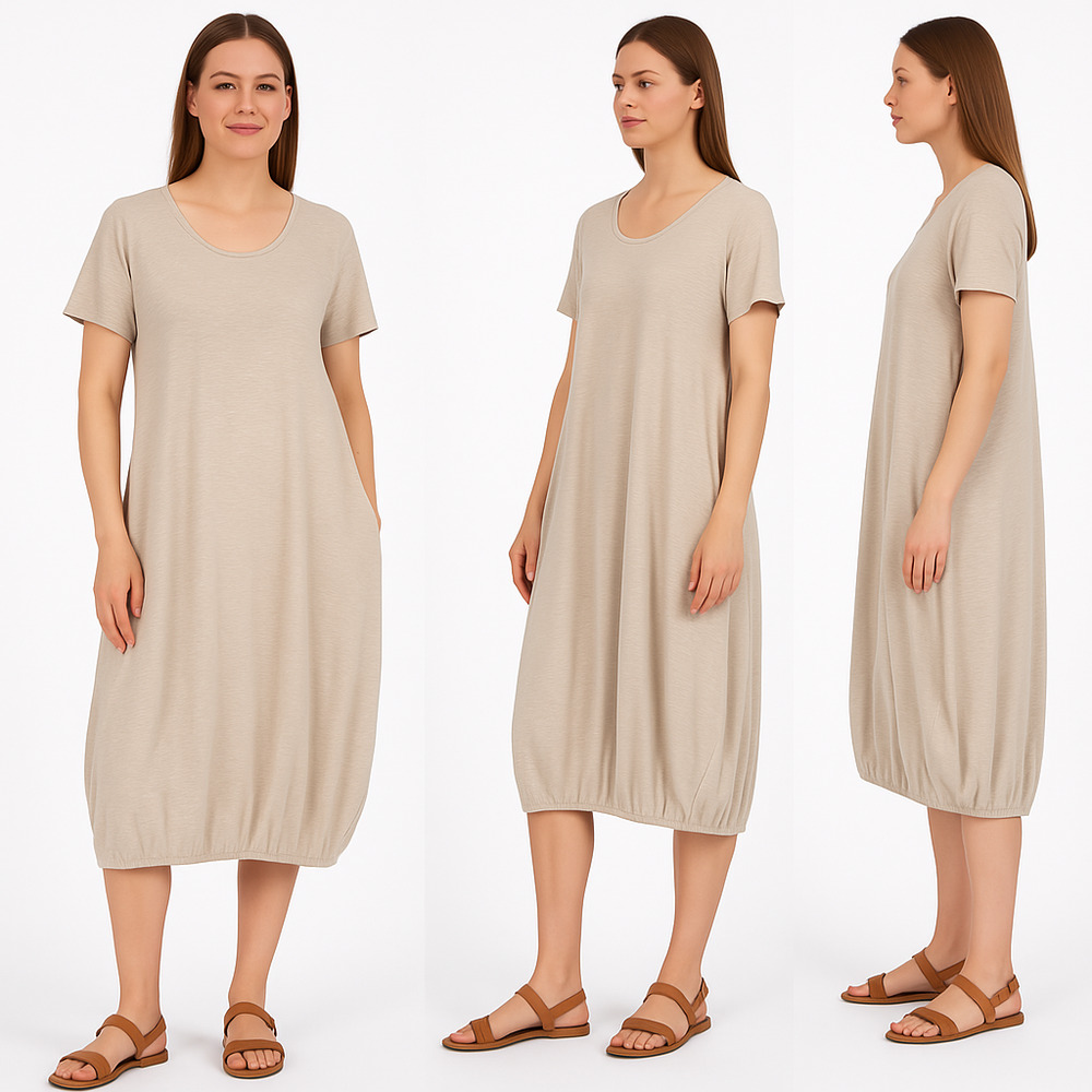 Saga Tan Linen Stretch Knit Bubble Hem Dress Pockets‎ Lagenlook Loose Fit Medium